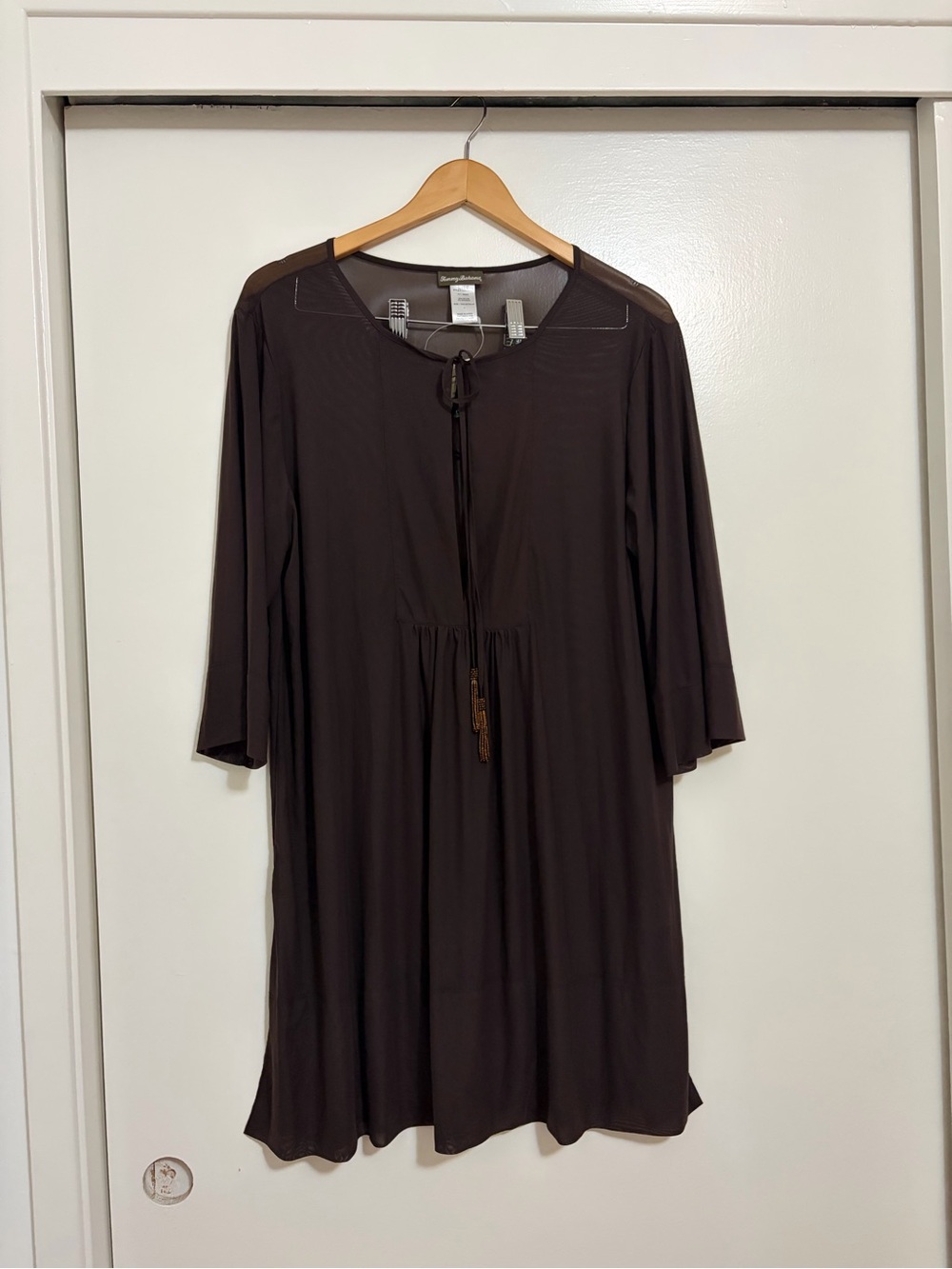 Tommy Bahama New Tule Long-Sleeve Tie-Front Swimsuit Cover In Double Chocolate - Picture 2 of 5